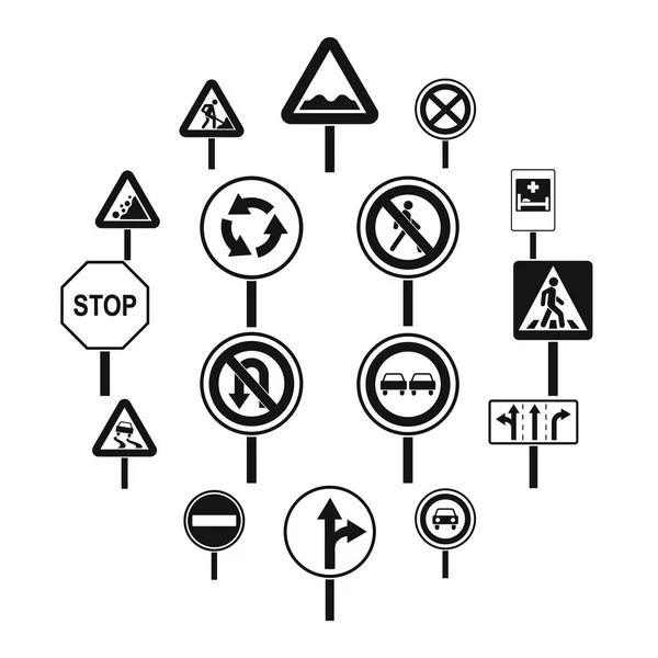 Verschiedene Verkehrsschilder Icons gesetzt, einfacher Stil — Stockvektor