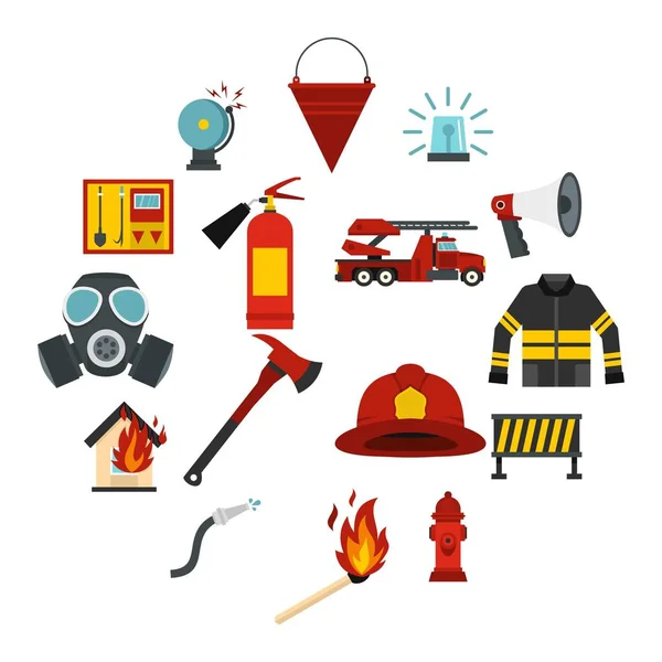 Herramientas de bombero conjunto de iconos planos — Vector de stock