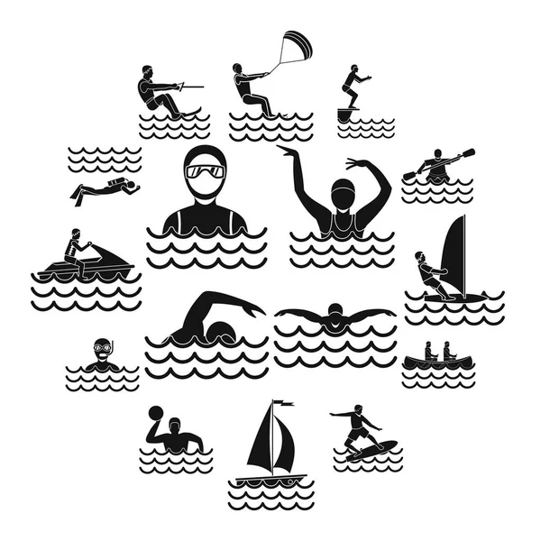 Water sport iconen set, eenvoudige stijl — Stockvector