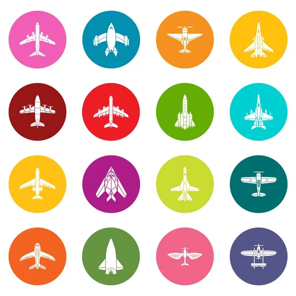 Airplane top view icons set colorful circles vector — Stock Vector