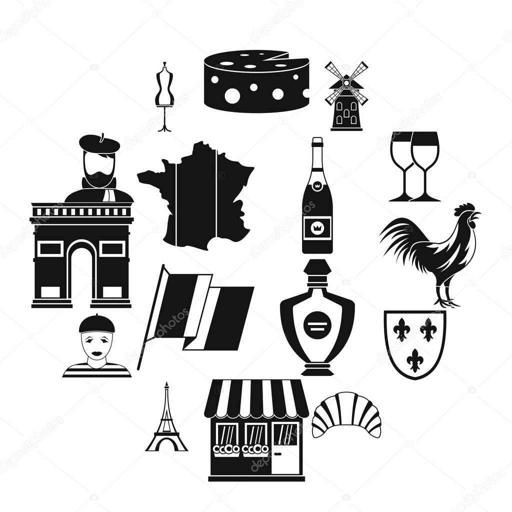 France travel icons set, simple style