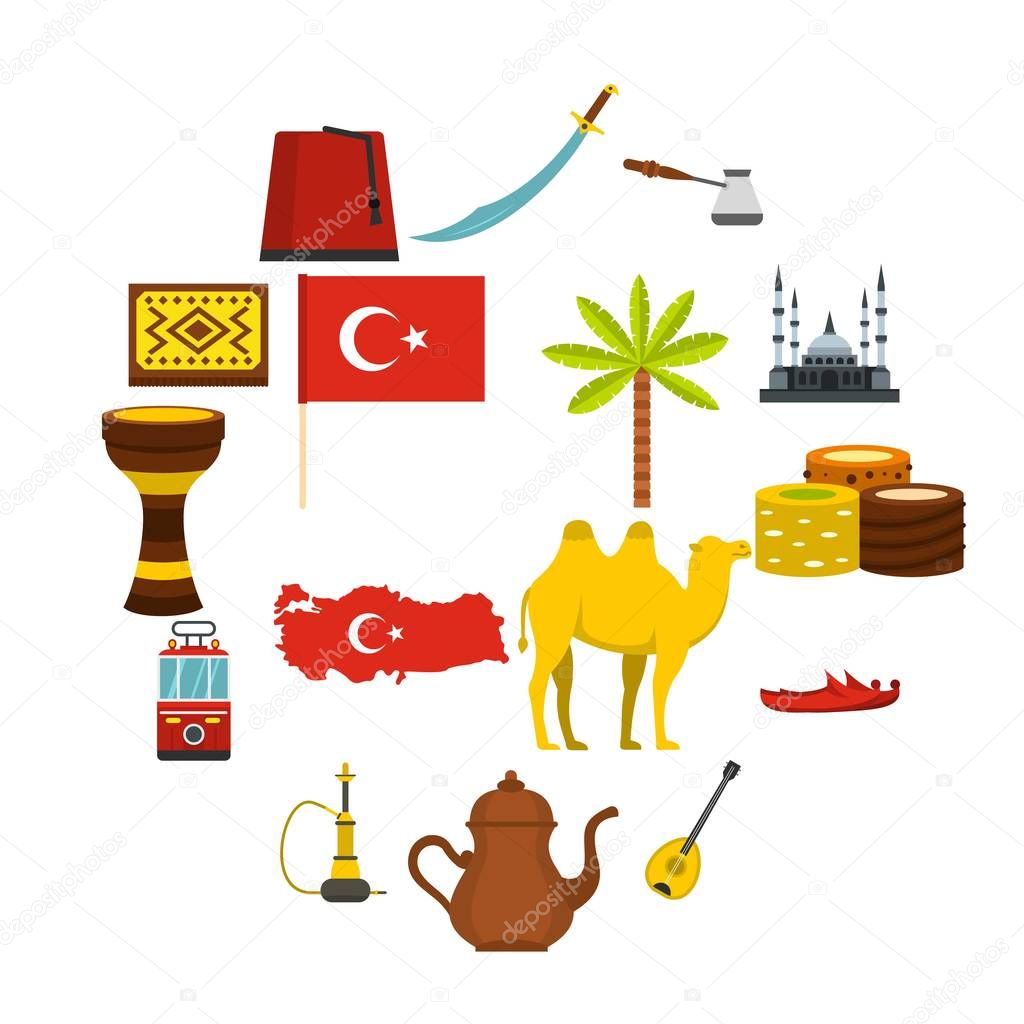 Turkey travel icons set in flat style