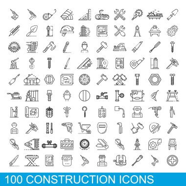 100 inşaat Icons set, anahat stili