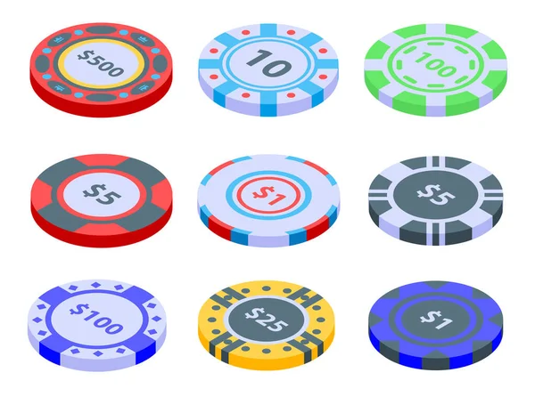 Sada čipů kasina, izometrický styl — Stockový vektor