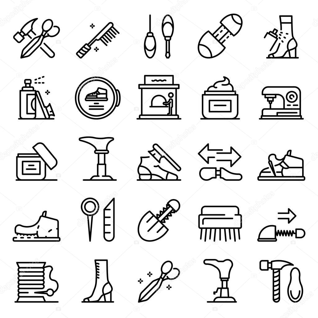 Shoe repair icons set. Outline set of shoe repair vector icons for web design isolated on white background