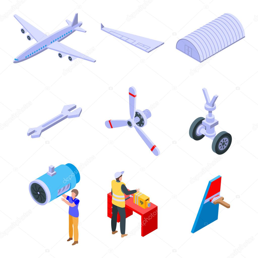 Aircraft repair icons set, isometric style