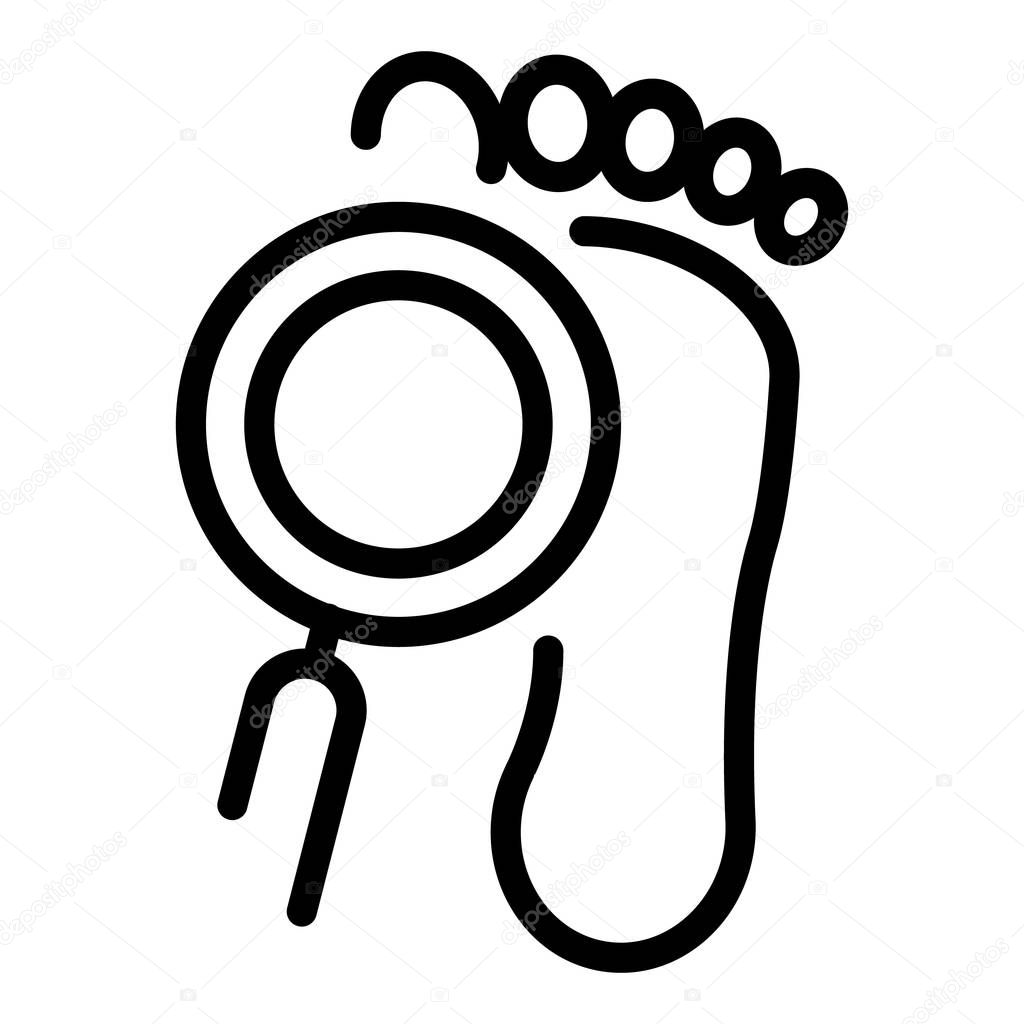 Foot print under magnifier icon, outline style