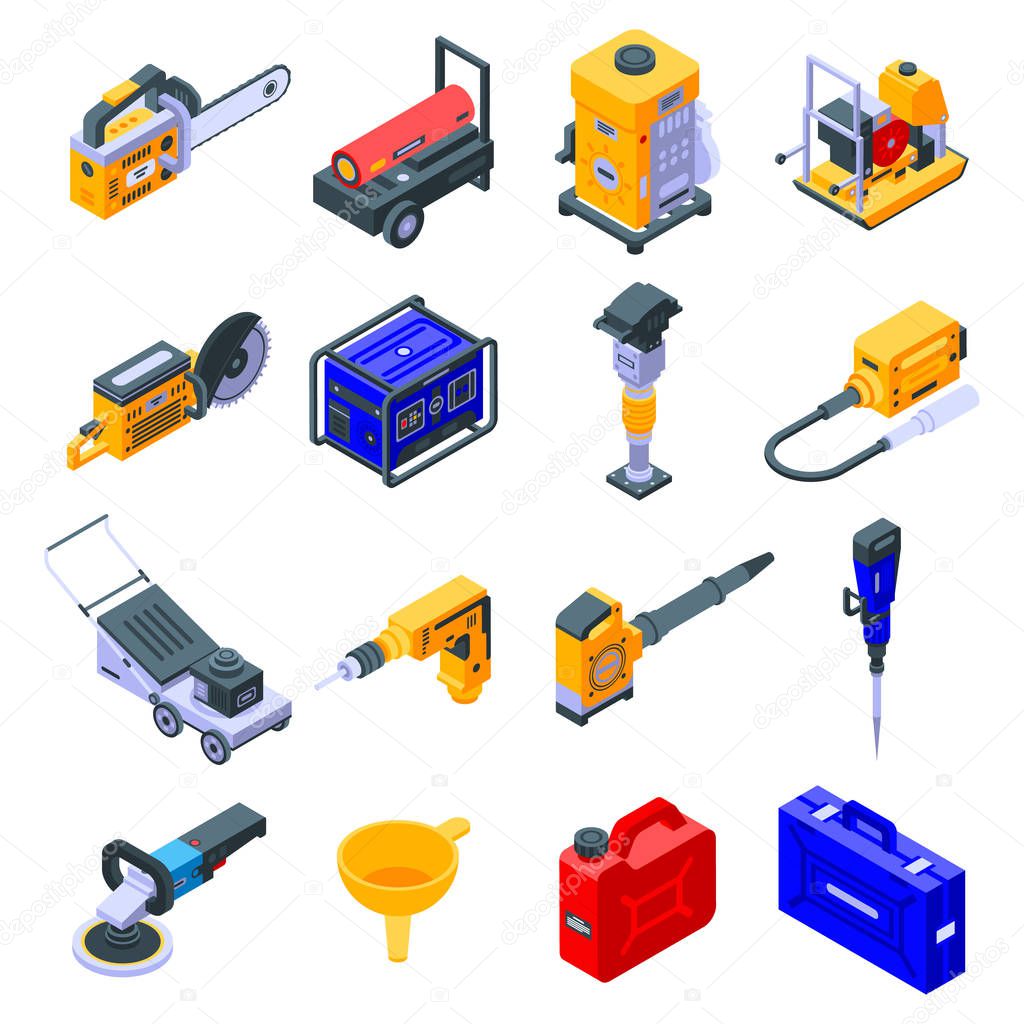 Gasoline tools icons set, isometric style