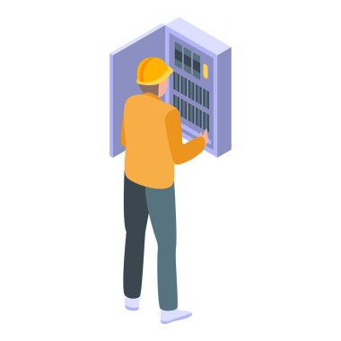 Metal kutu simgesi içindeki elektrikçi, izometrik stil