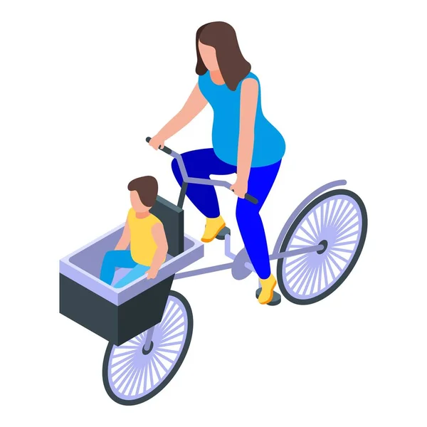 Икона "Мать-ребенок на велосипеде", изометрический стиль — стоковый вектор
