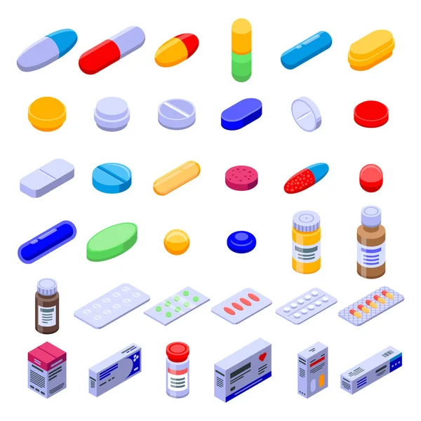 Conjunto de iconos de drogas de píldora, estilo isométrico — Vector de stock