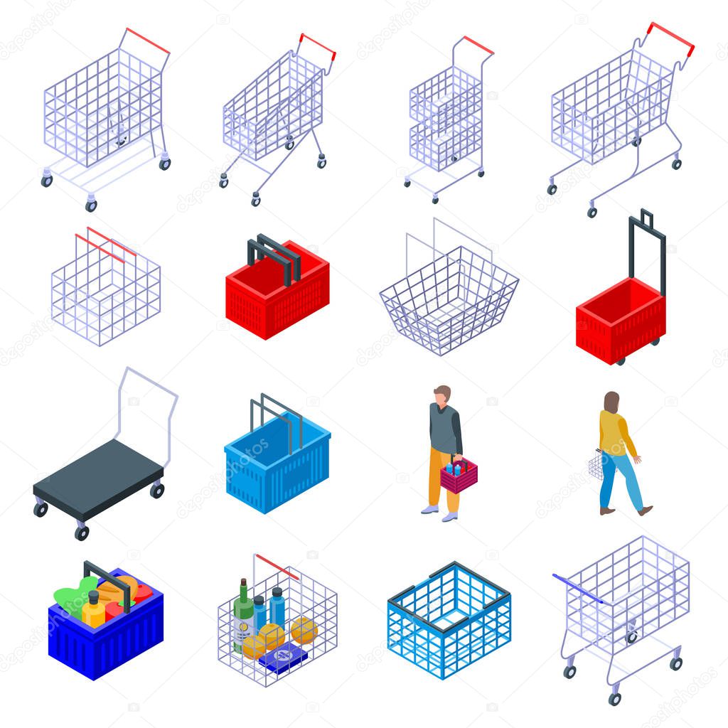 Cart supermarket icons set, isometric style
