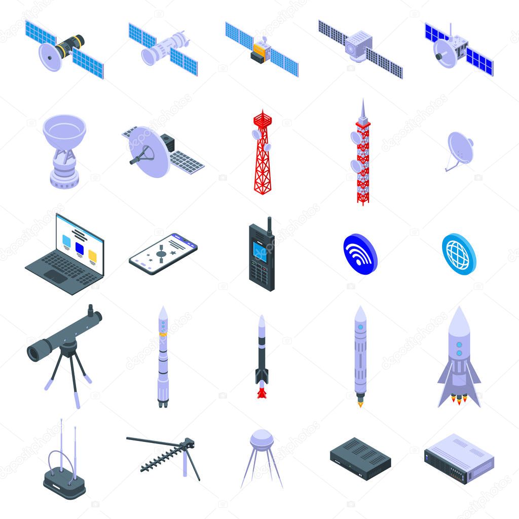 Satellite icons set, isometric style