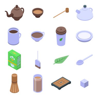 Çay seremonisi simgeleri ayarlandı, izometrik biçim
