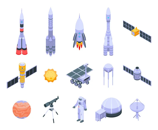 Set ikon teknologi penelitian ruang angkasa, gaya isometrik - Stok Vektor