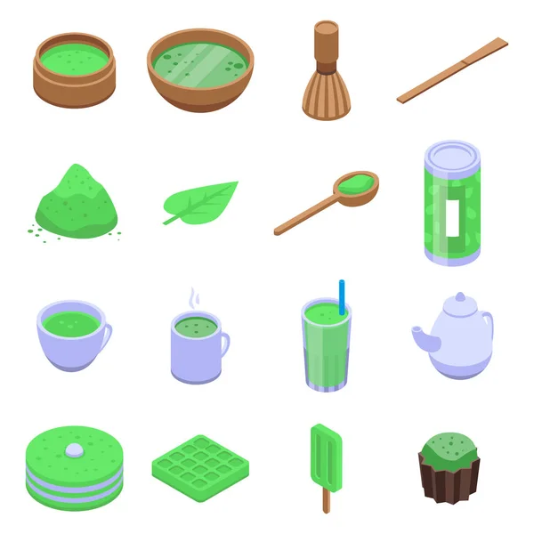 Matcha tea icons set, isometric style — Stock Vector