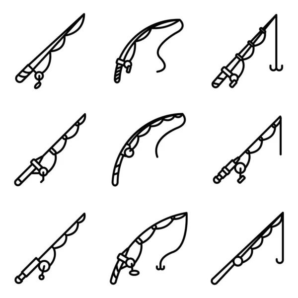 Fishing rod icons set, outline style — 스톡 벡터