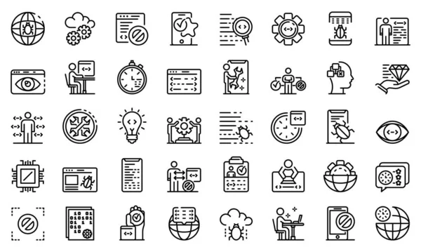 Conjunto de iconos de software de prueba, estilo de esquema — Archivo Imágenes Vectoriales