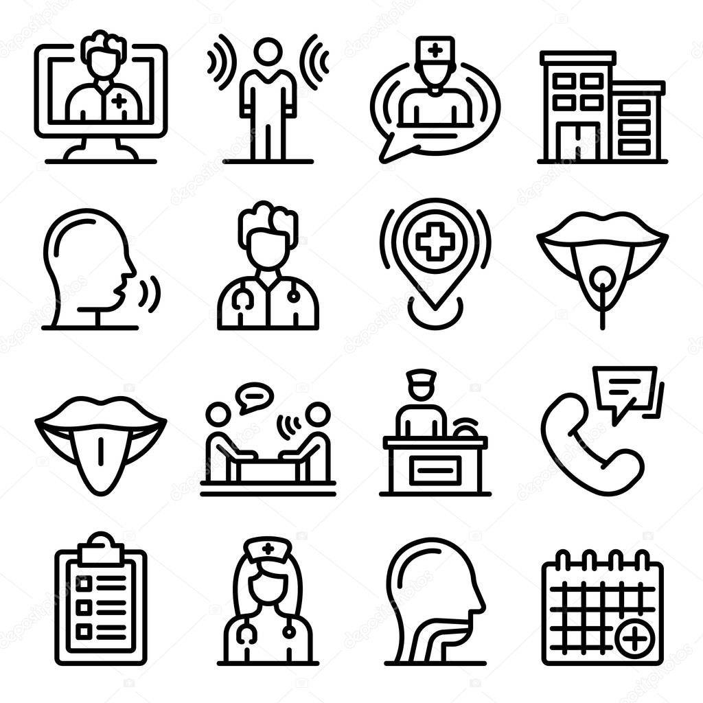 Speech therapist icons set. Outline set of speech therapist vector icons for web design isolated on white background