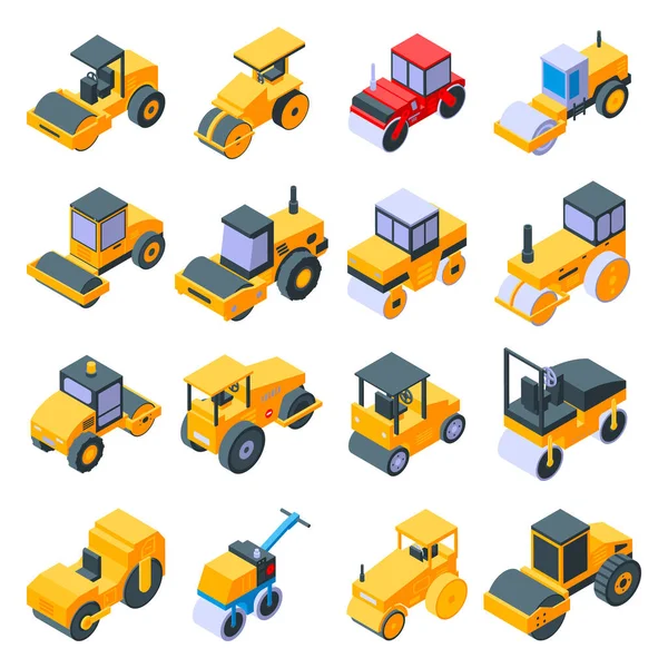 Juego de iconos de rodillo de carretera, estilo isométrico — Vector de stock