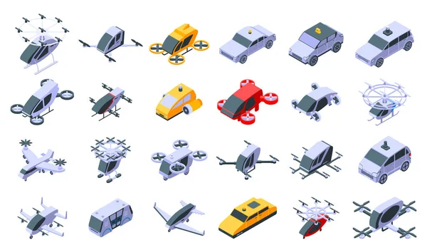 Conjunto de ícones de táxi não tripulados, estilo isométrico —  Vetores de Stock