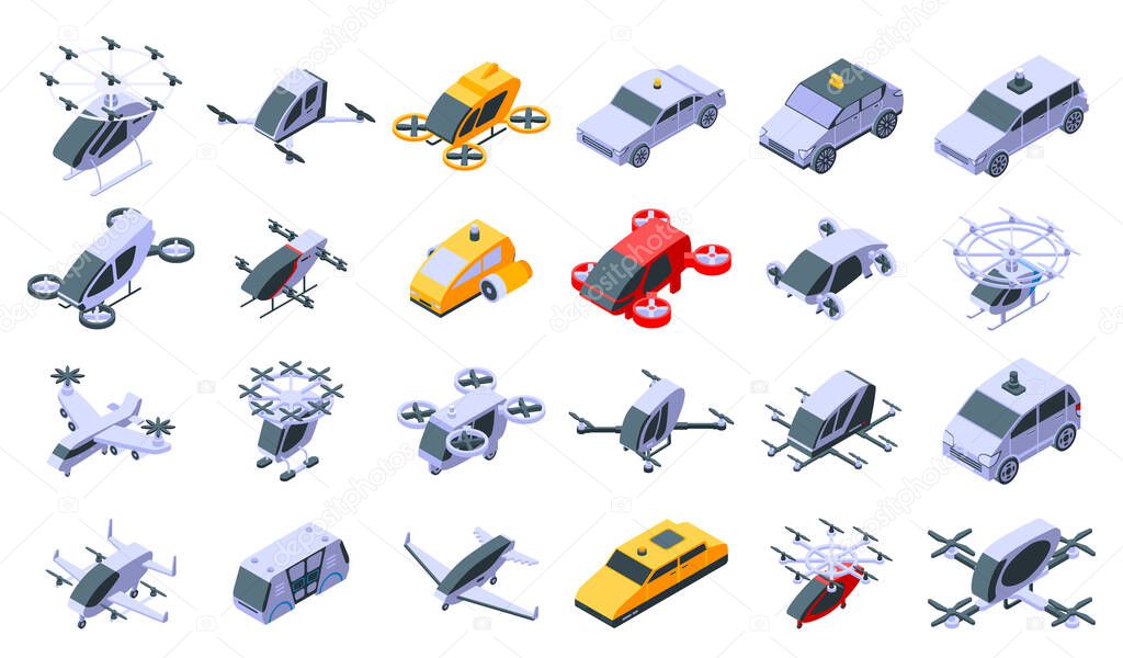 Unmanned taxi icons set, isometric style