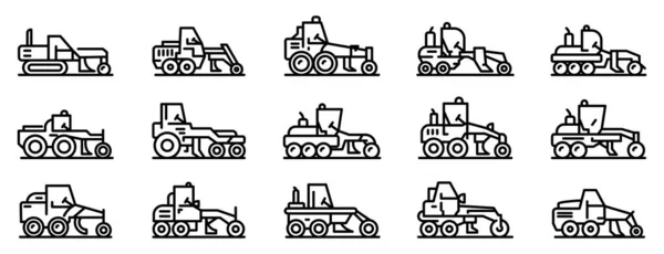 Grader machine pictogrammen set, omtrek stijl — Stockvector