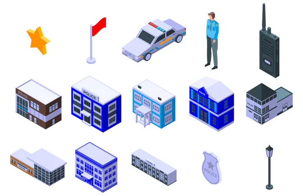 Police station icons set, isometric style — Stock Vector