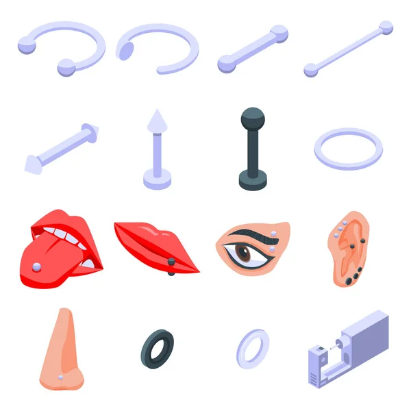 Piercing icons set, isometric style — 스톡 벡터