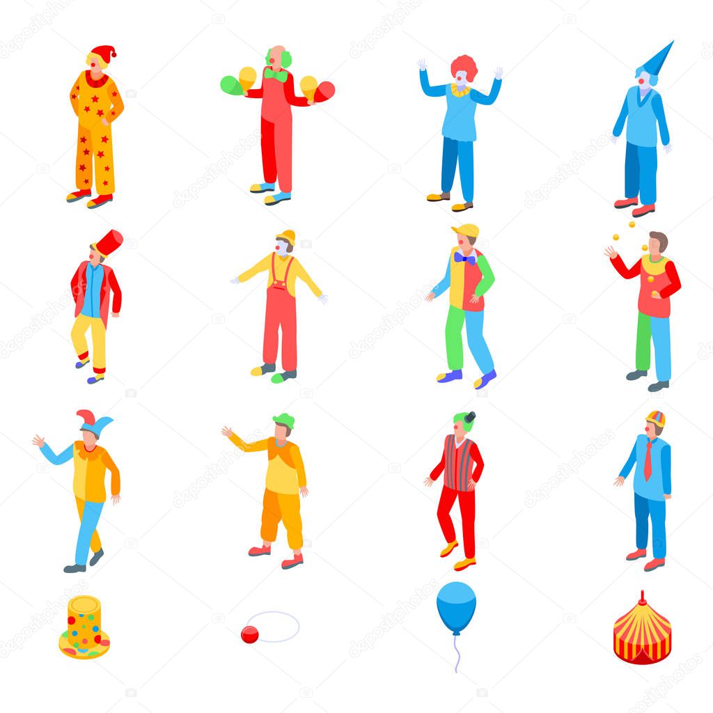 Clown icons set, isometric style