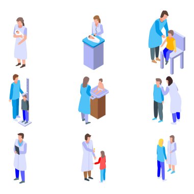 Çocuk doktoru simgeleri ayarlandı, izometrik biçim
