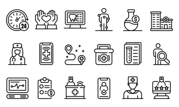 Private clinic icons set, outline style