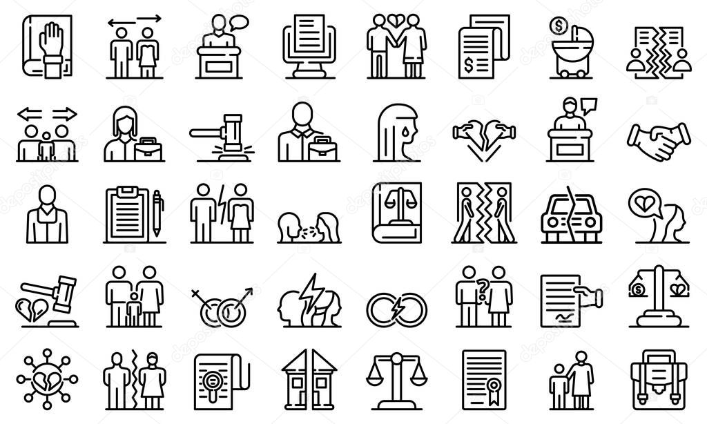 Divorce icons set, outline style
