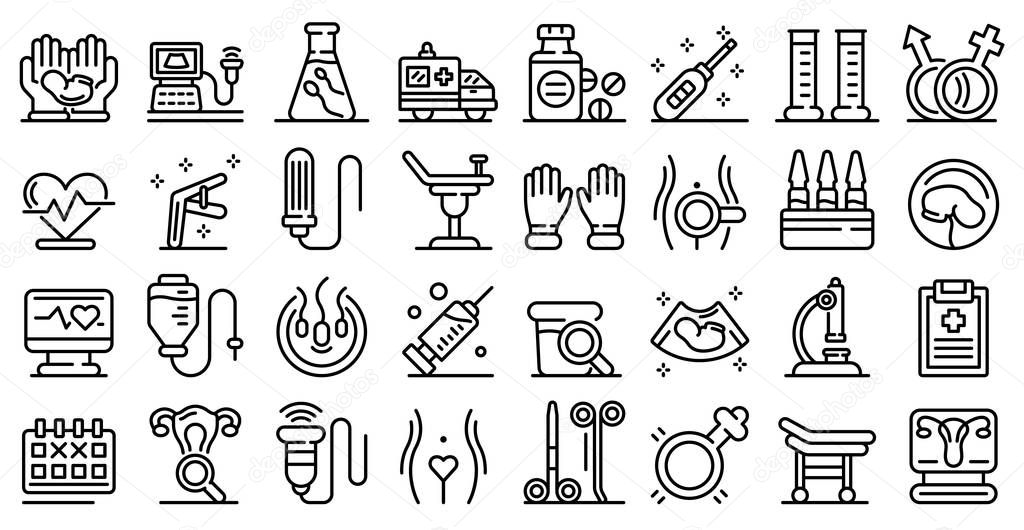Gynecologist icons set, outline style