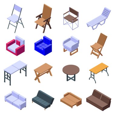 Folding furniture icons set, isometric style clipart