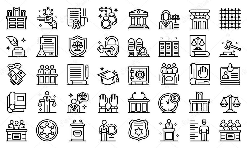 Prosecutor icons set. Outline set of prosecutor vector icons for web design isolated on white background