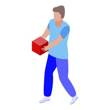 Man take red cube icon, isometric style