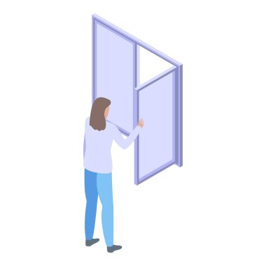 Woman check window after installation icon, isometric style