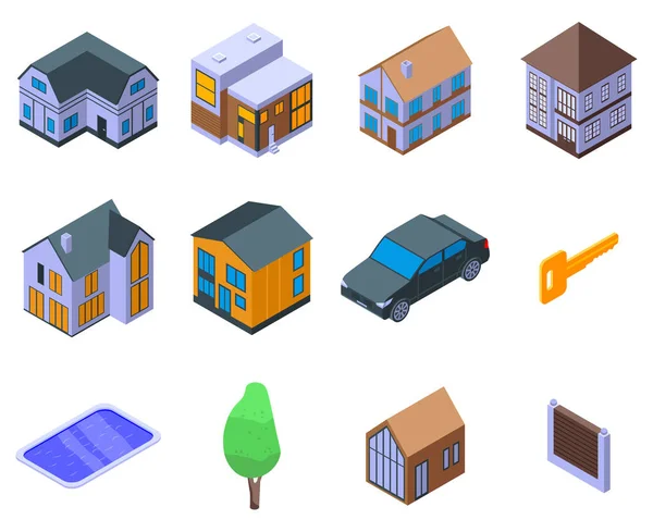 Cottage iconen set, isometrische stijl — Stockvector