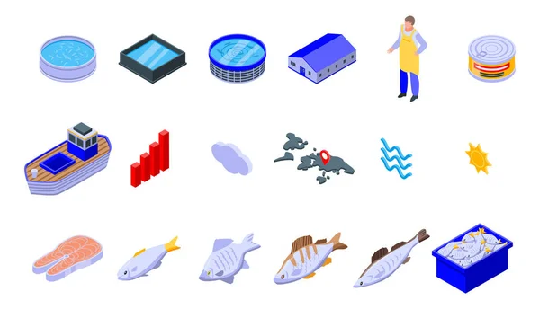 Conjunto de iconos de piscifactoría, estilo isométrico — Vector de stock
