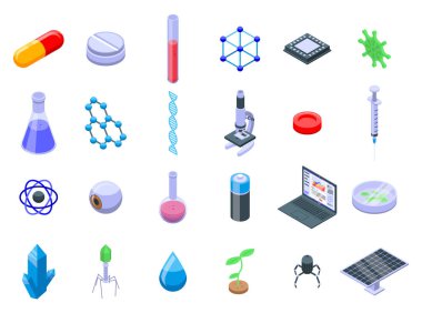 Nanoteknoloji simgeleri ayarlandı, izometrik biçim