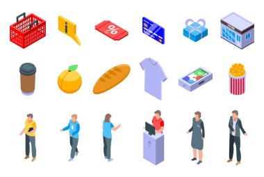 Dükkan yardımcısı simgeleri ayarlandı, izometrik biçim