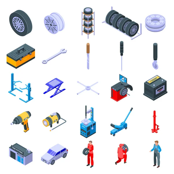 Juego de iconos de montaje de neumáticos, estilo isométrico — Vector de stock