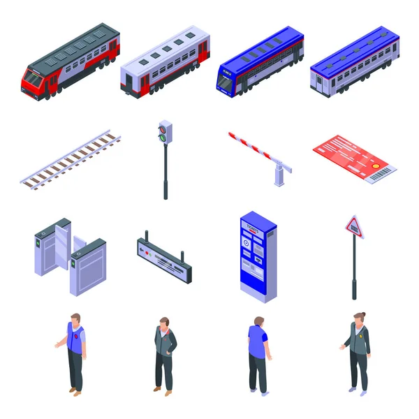 Conjunto de iconos de conductor de tren eléctrico, estilo isométrico — Vector de stock
