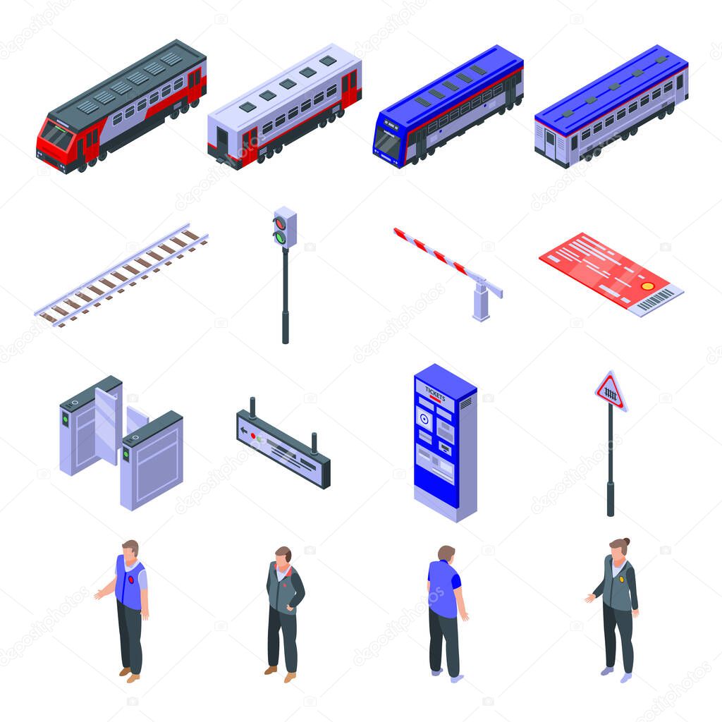 Electric train driver icons set, isometric style