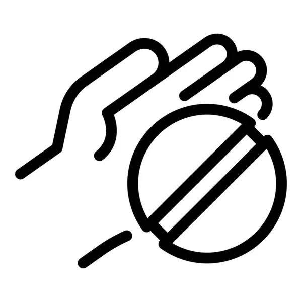 Píldora redonda en icono de la mano, estilo de esquema — Vector de stock
