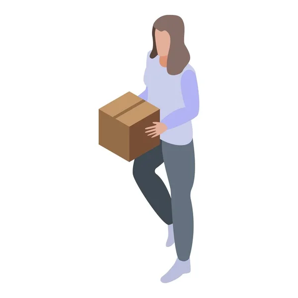 Дівчина-доброволець бере значок подарункової коробки, ізометричний стиль — стоковий вектор
