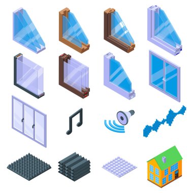 Soundproofing icons set, isometric style clipart