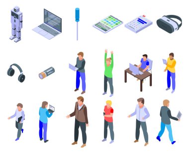 Çocuk simgeleri için programlama seti, izometrik biçim