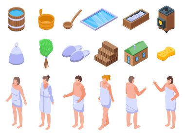 Sauna simgeleri ayarlandı, izometrik biçim